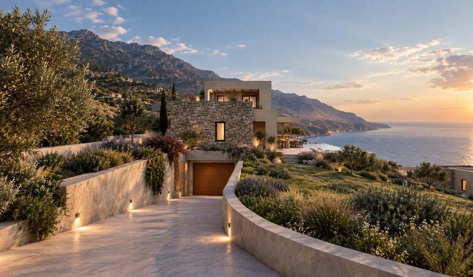 Driveway and basement garage of Villa ATHINA at sunset