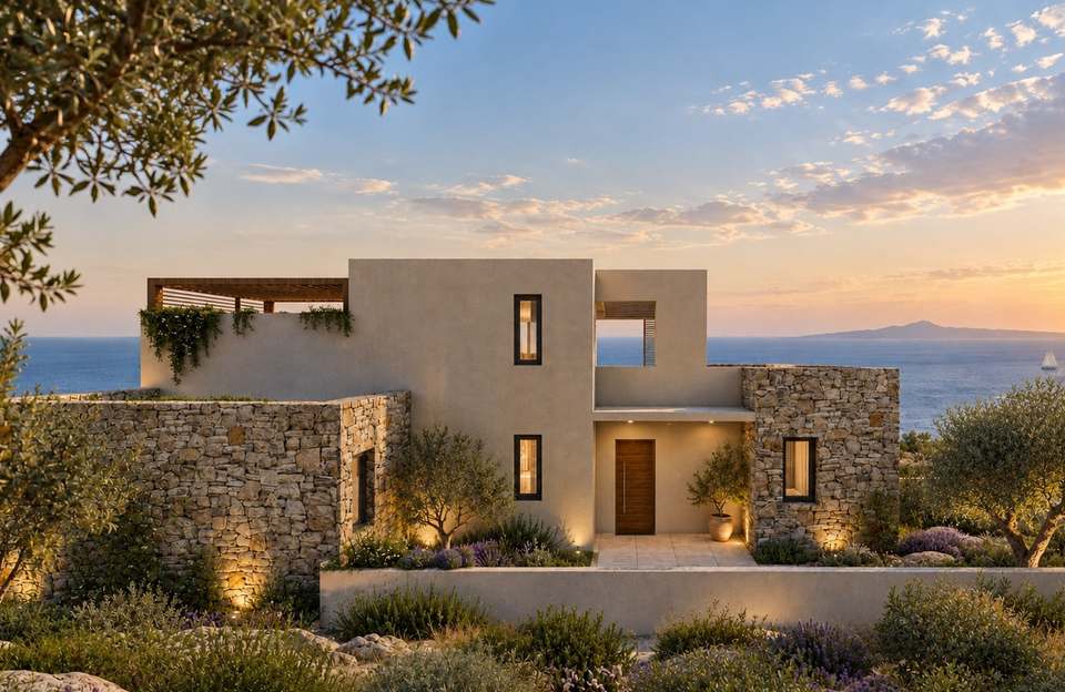 Entrance side of Villa ATHINA at dusk, with stone walls and Mediterranean planting