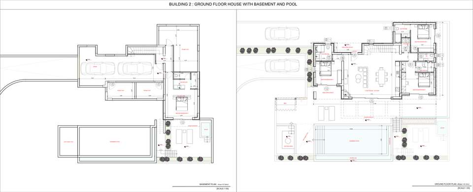 Floor plans of Villa AETHER: basement with garage, storage and guest suite, and ground floor with three bedroom suites, living room, kitchen and pool terrace