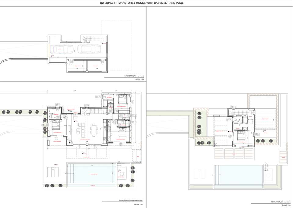 Floor plans of Villa ATHINA: basement, ground floor and first floor