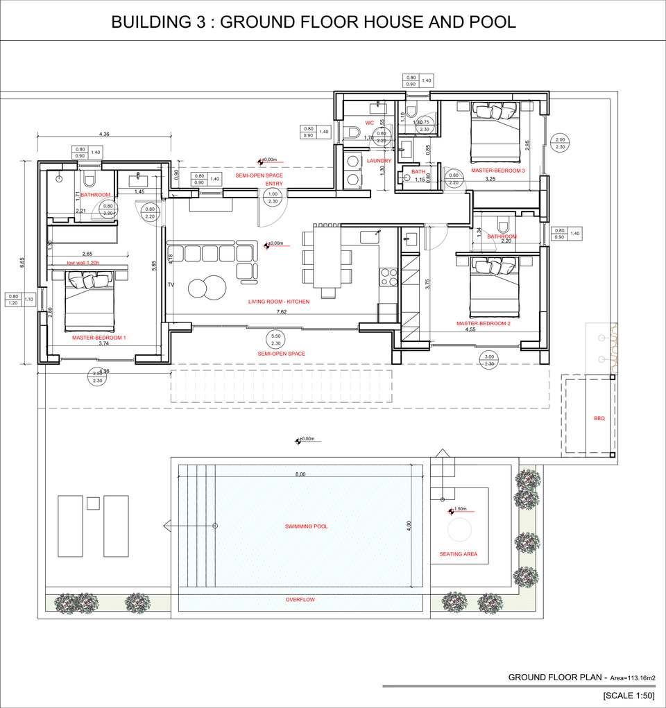 Floor plan of Villa MELITE: three bedrooms, three bathrooms, open living area and pool terrace