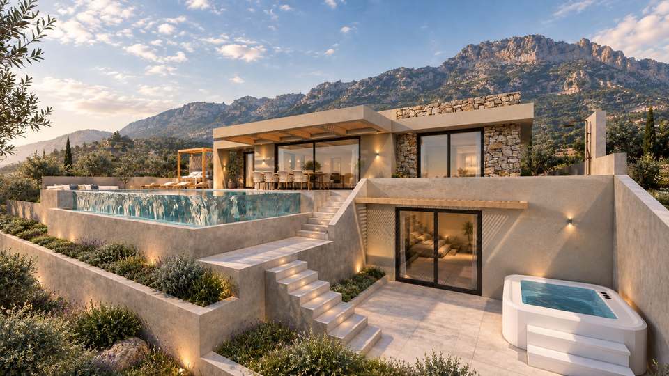 Villa AETHER seen from the garden, with jacuzzi and pool terrace