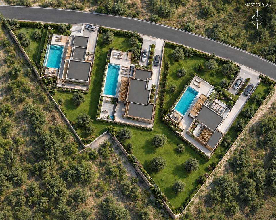 Aerial master plan of the three THEA PANORAMA villas, each with a private pool