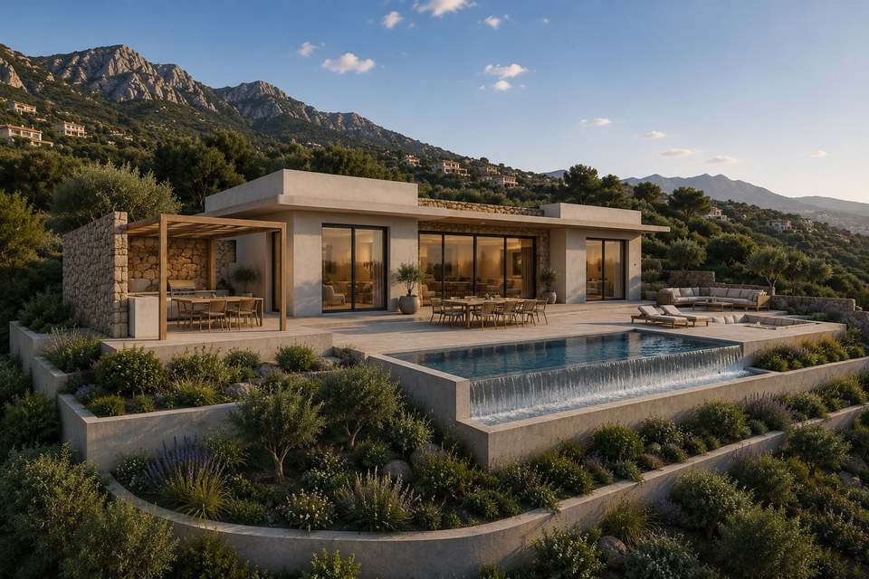 Villa MELITE with pergola, outdoor kitchen and infinity pool set in a terraced Mediterranean garden
