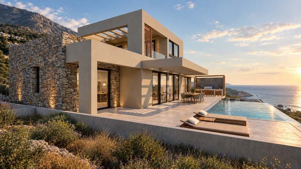 Side view of Villa ATHINA: stone and plaster volumes, upper terrace and pool with the sea beyond